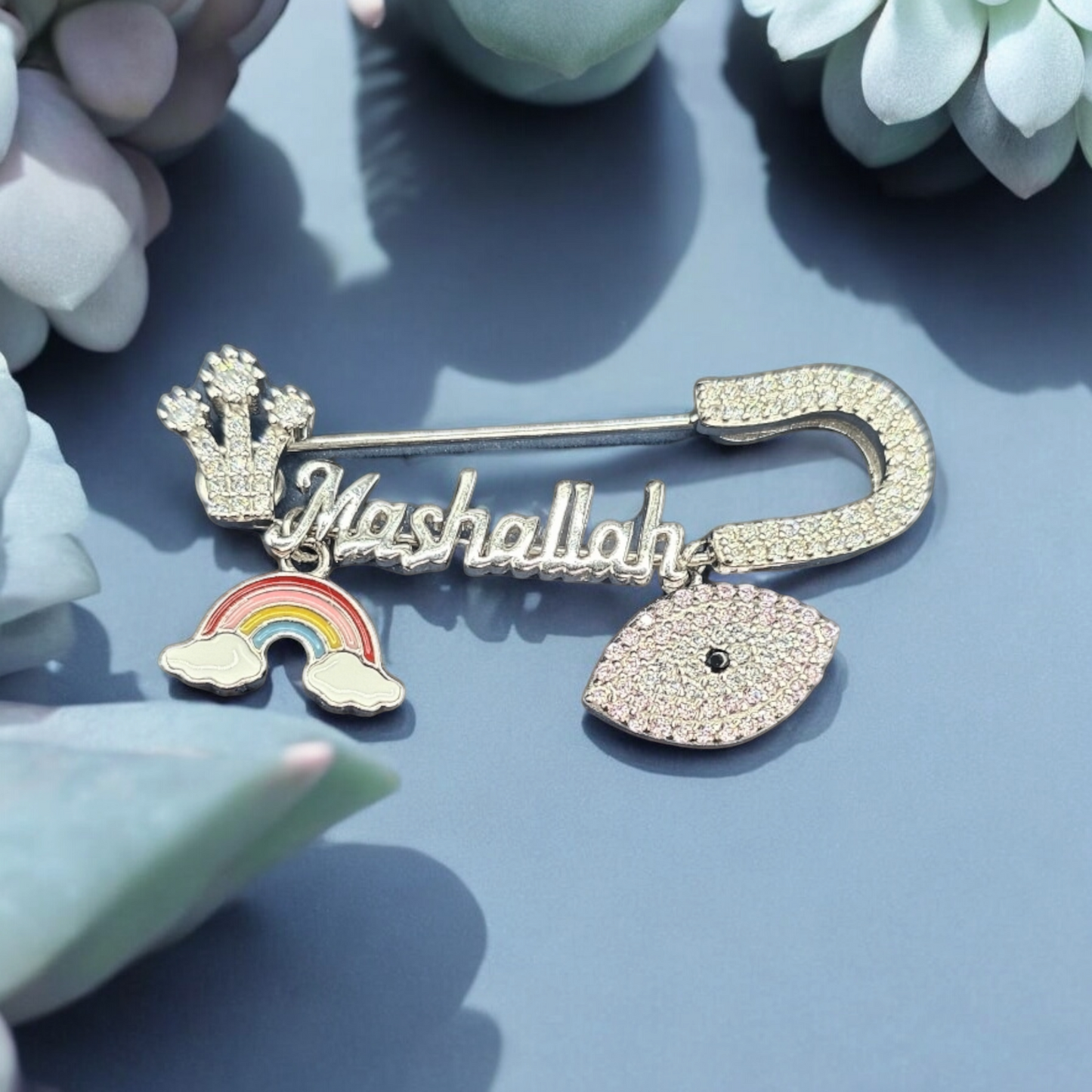 925 sterling Silver Mashallah Turkish evil eye and rainbow brooch islam muslim Baby Pin