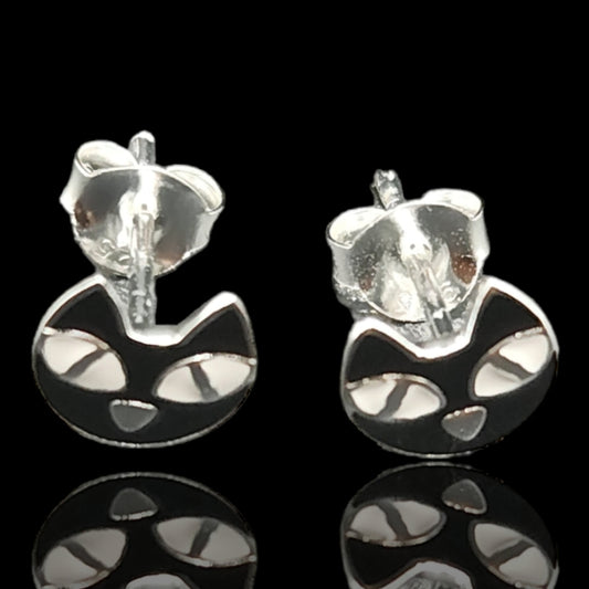925 Sterling Silver Cat Face Stud Kids Earrings.