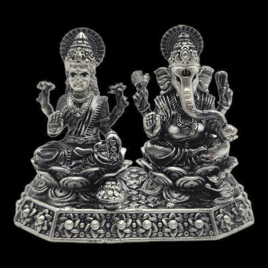 925 Silver Lord Ganesha And Goddess Laxmi Solid Idol.