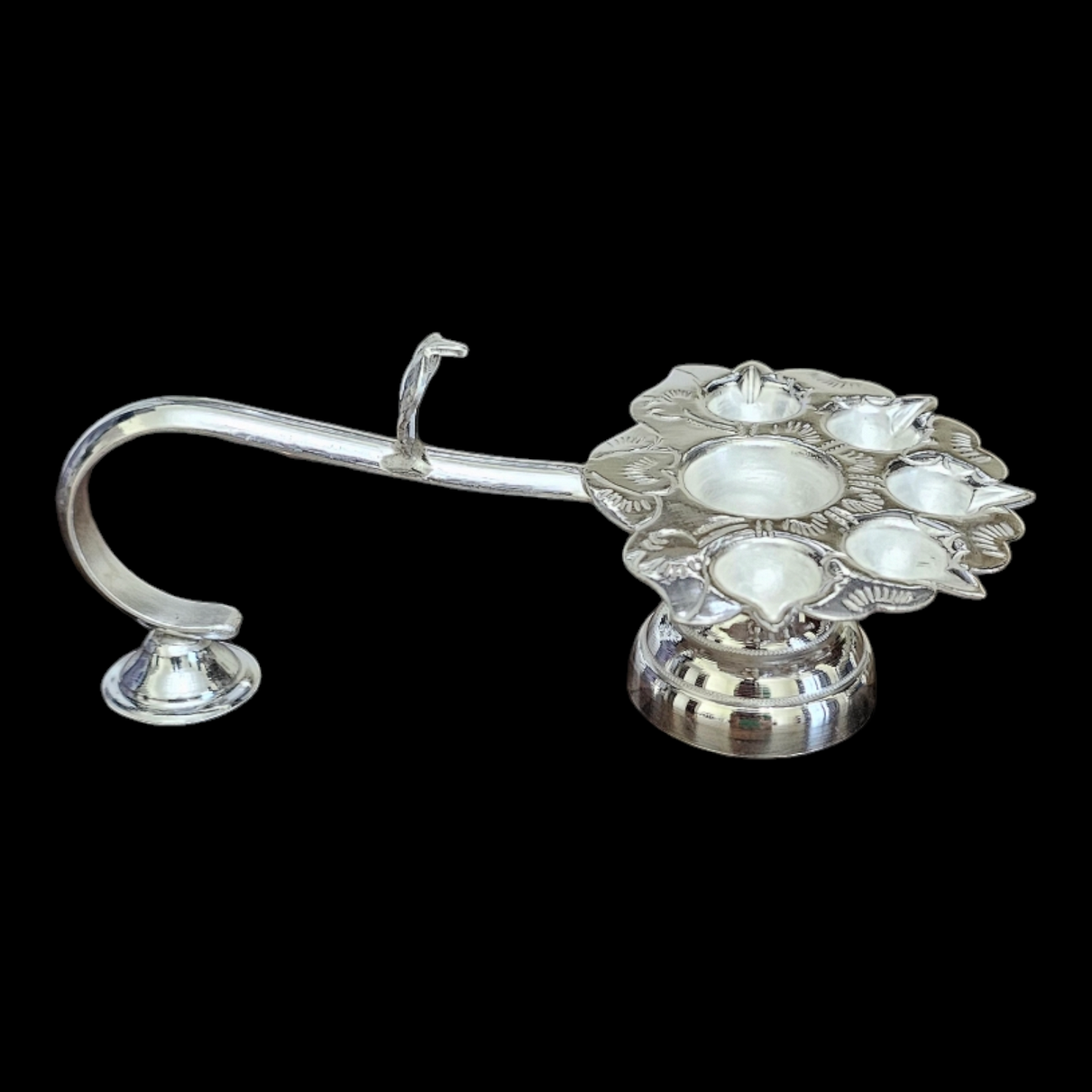 Panchaarti Diya in Pure Silver Oil Lamp Hindu Religion Puja Vessel for Aarti Pooja and Havan