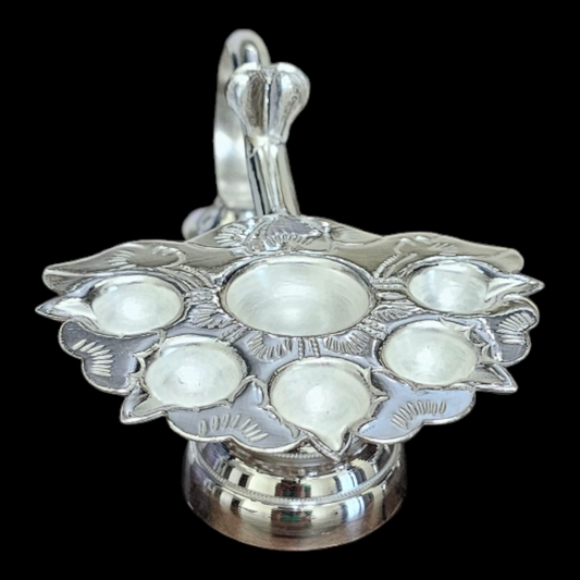 Panchaarti Diya in Pure Silver Oil Lamp Hindu Religion Puja Vessel for Aarti Pooja and Havan