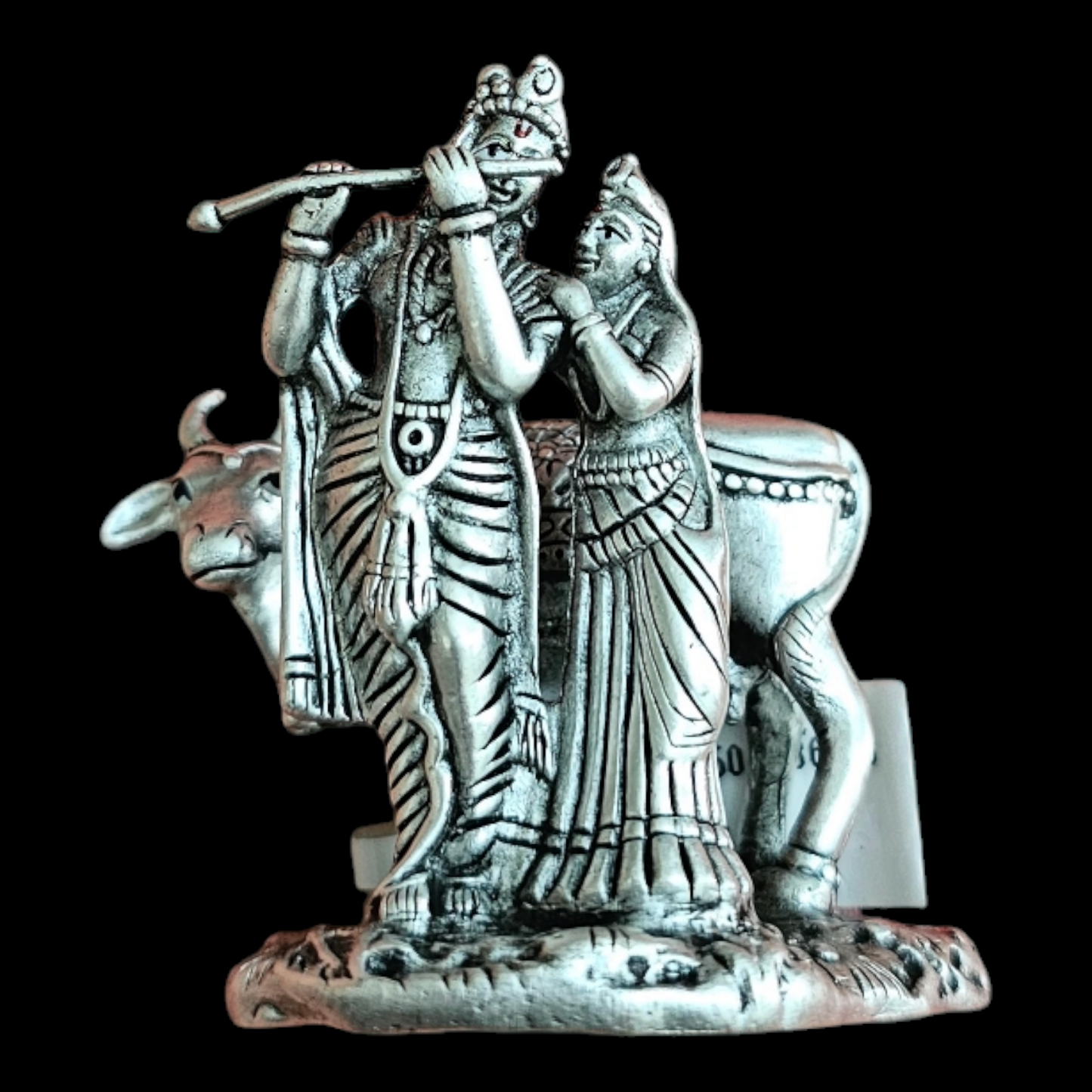 925 Pure Silver Radha Krishna Solid Idol/Murti Playing Flute with Kamdhenu Cow