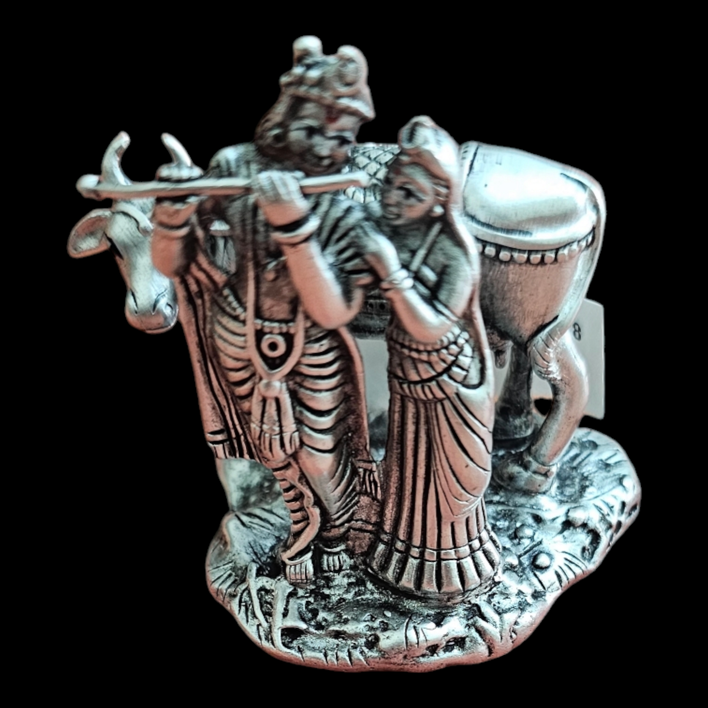 925 Pure Silver Radha Krishna Solid Idol/Murti Playing Flute with Kamdhenu Cow