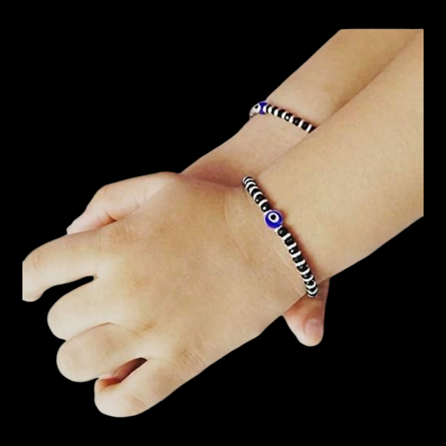 Sterling Silver Kids Nazariya Bracelet With Black And Silver Beads.