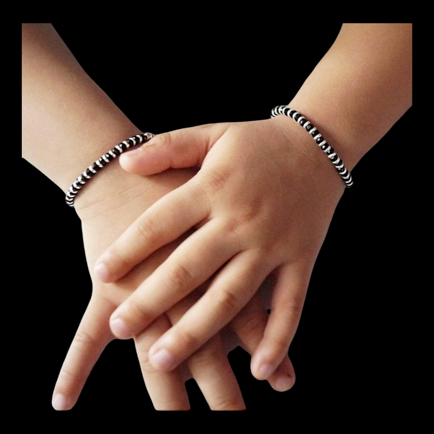 Sterling Silver Kids Nazariya Bracelet With Black And Silver Colored Beads.