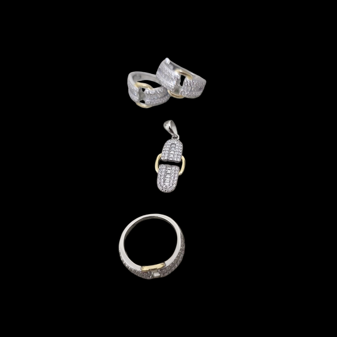 925 silver two-tone pendant  earrings and ring with zircon stone set
