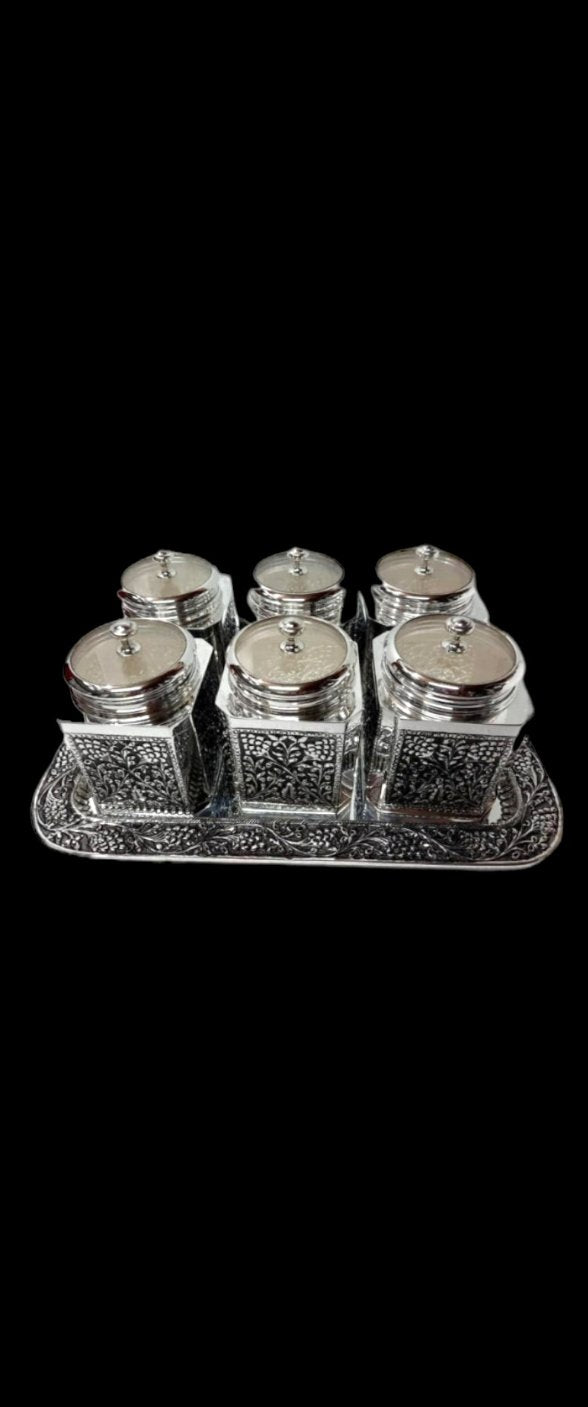 Antique Silver Dryfruit Jars With Tray