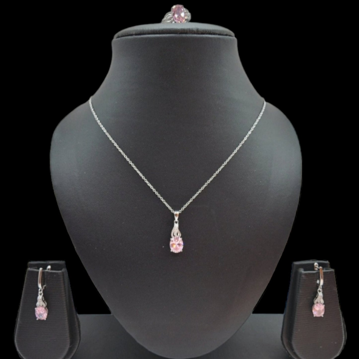 Baby pink Oval Shape Pendant, Earrings with Ring set