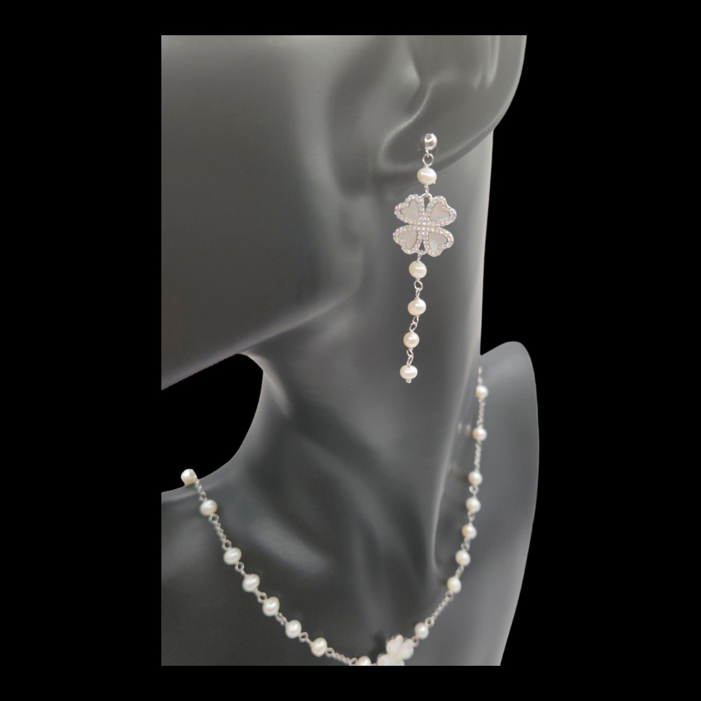 Four Clove  Leaf shape long Pearl Necklace with Drop Earrings.