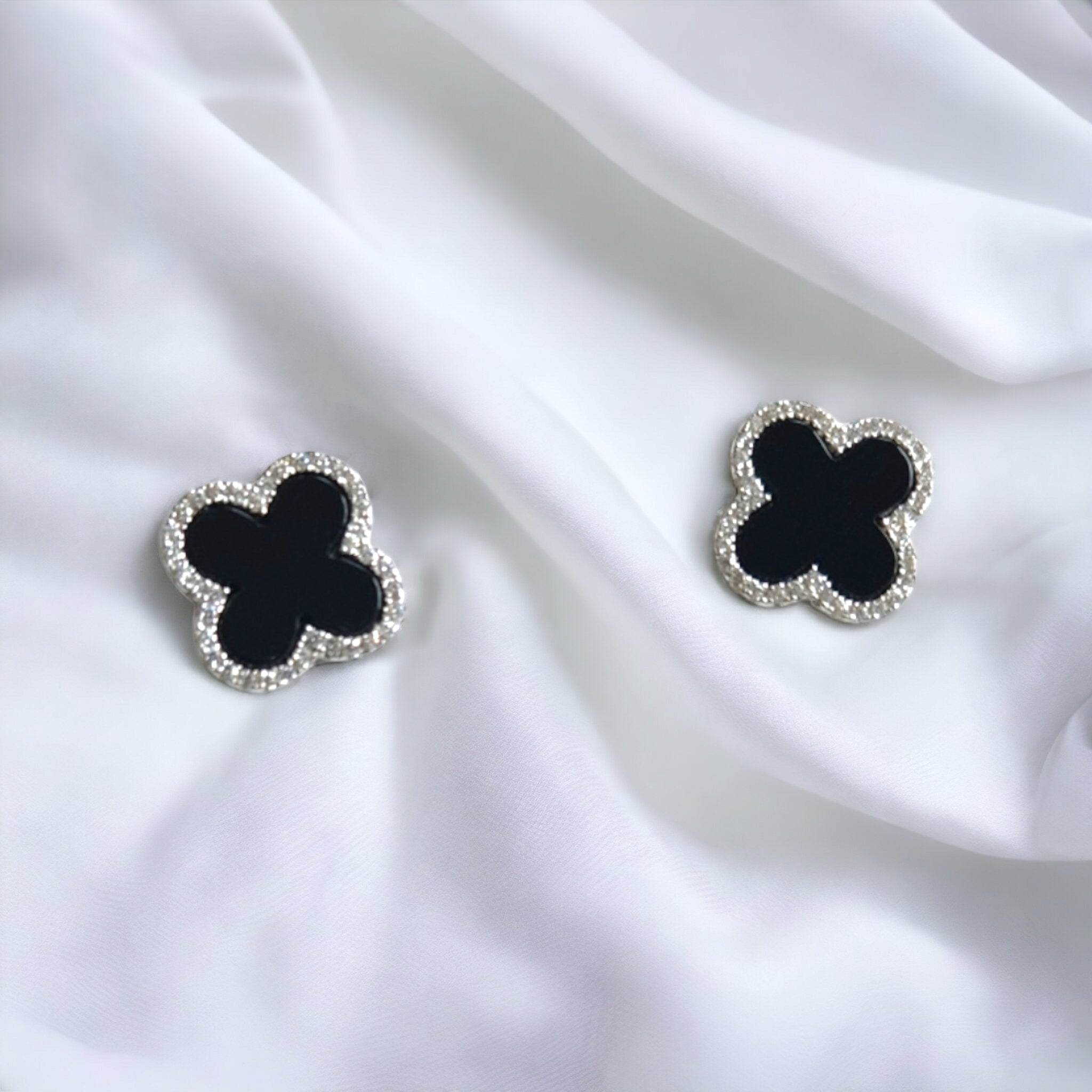 Escada Large Black Crystal Clover Earrings