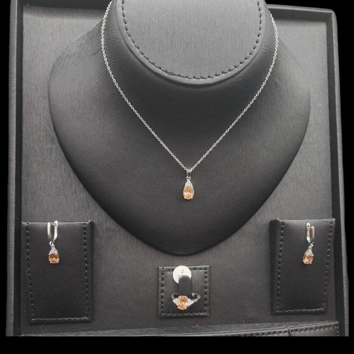 Oval Zircon Rose Gold Stone Pendant Earrings With Ring Set